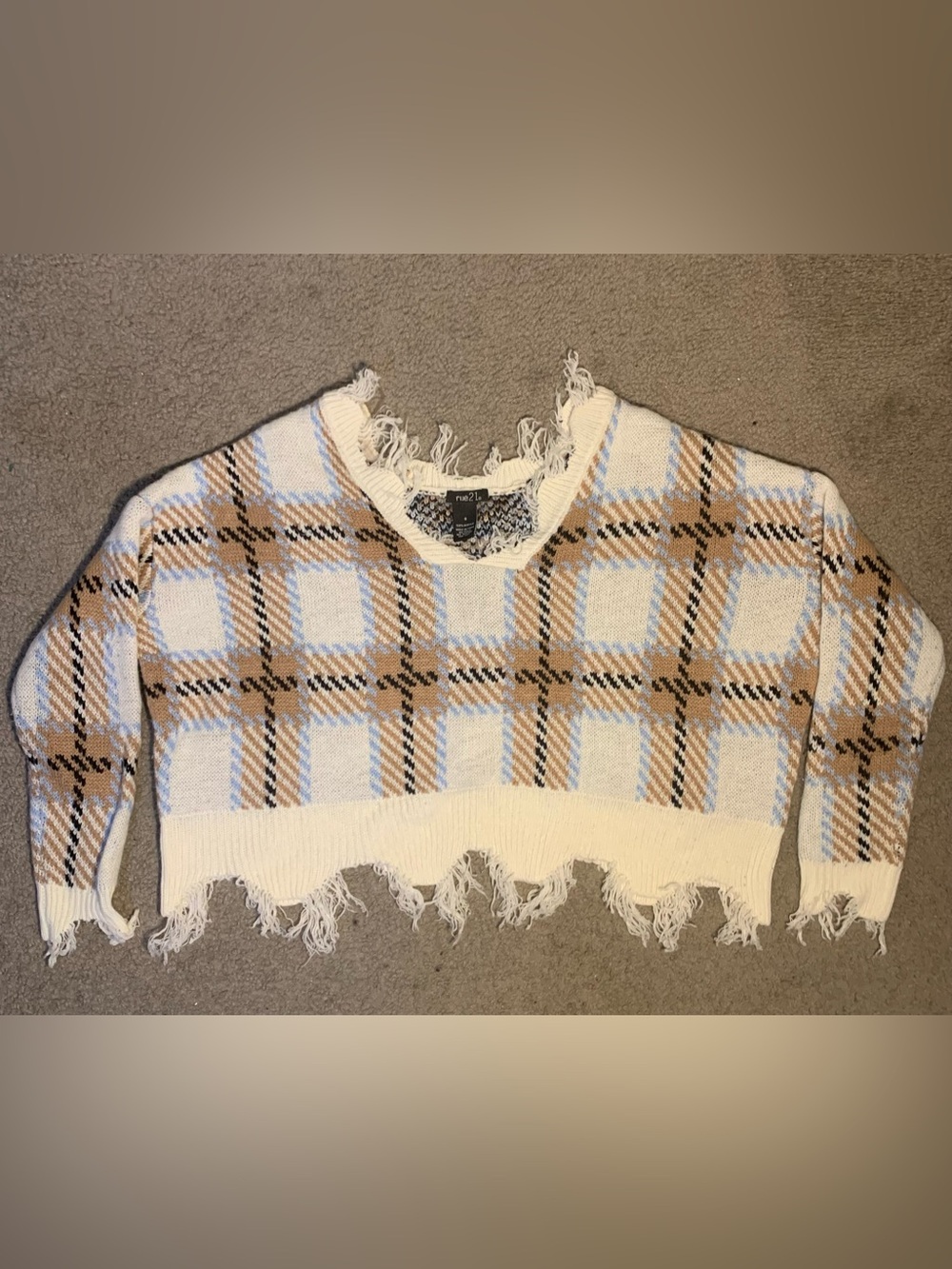 Rue21 Frayed Plaid Cropped Crewneck Sweater - White, Tan & Light Blue